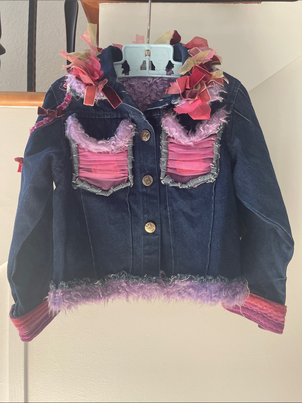Beetlejuice London Girls Dark Denim Jacket with Pink/Purple Accents NWT Size 4